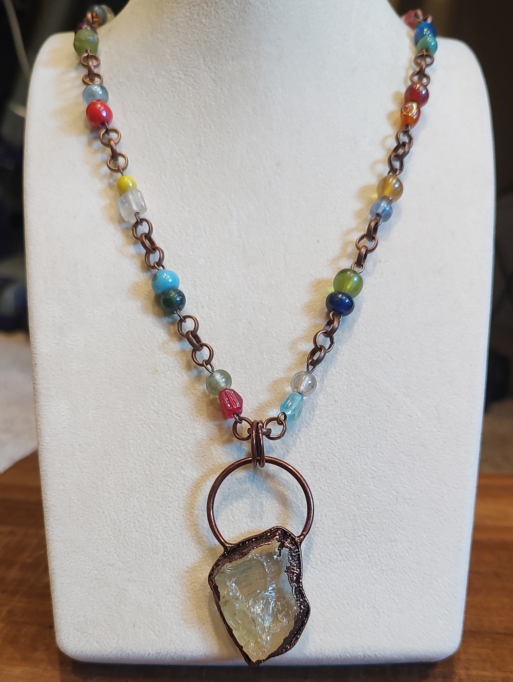 Electroformed Copper Rough Citrine Stone Pendant & Beaded Copper Necklace